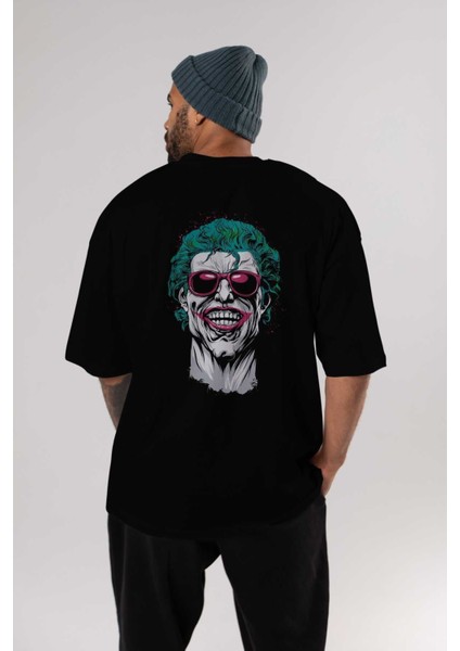 Joker 1 Arka Baskılı Siyah Oversize T-Shirt Bisiklet Yaka Pamuk Erkek Kadın indirimleri