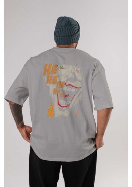 Joker (7) Arka Baskılı Gri Oversize T-Shirt Bisiklet Yaka Pamuk Erkek Kadın