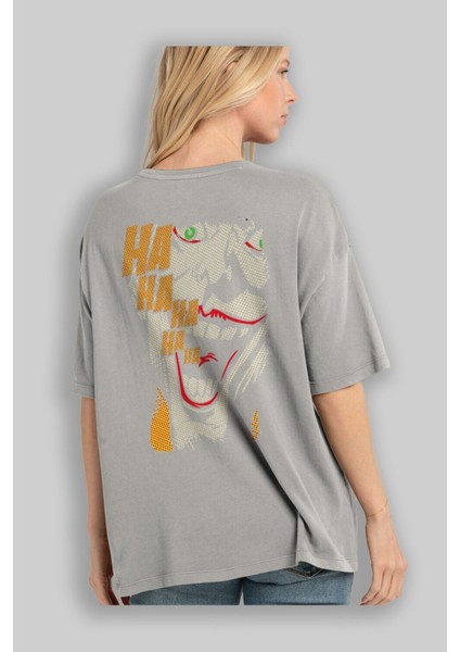 Joker (7) Arka Baskılı Gri Oversize T-Shirt Bisiklet Yaka Pamuk Erkek Kadın modelleri