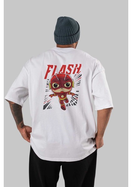 Flash Avengers (4) Arka Baskılı Beyaz Oversize T-Shirt Bisiklet Yaka Pamuk Erkek Kadın