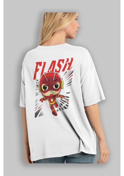 Flash Avengers (4) Arka Baskılı Beyaz Oversize T-Shirt Bisiklet Yaka Pamuk Erkek Kadın modelleri