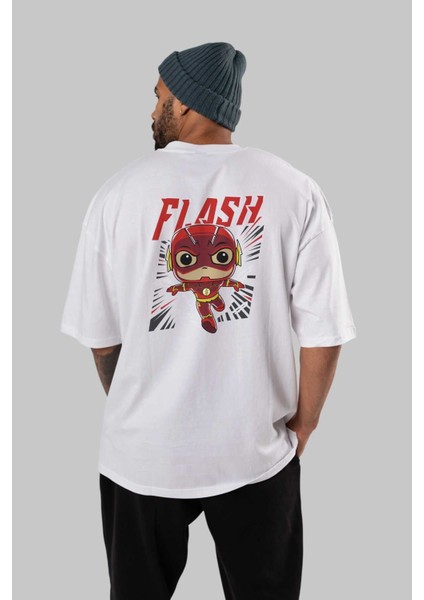 Flash Avengers (4) Arka Baskılı Beyaz Oversize T-Shirt Bisiklet Yaka Pamuk Erkek Kadın fırsatları