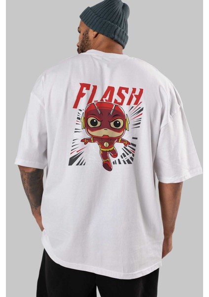 Flash Avengers (4) Arka Baskılı Beyaz Oversize T-Shirt Bisiklet Yaka Pamuk Erkek Kadın indirimleri