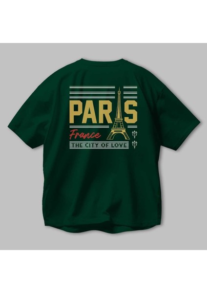 Paris Arka Baskılı Zümrüt Yeşili Oversize T-Shirt Erkek Kadın Bisiklet Yaka modelleri