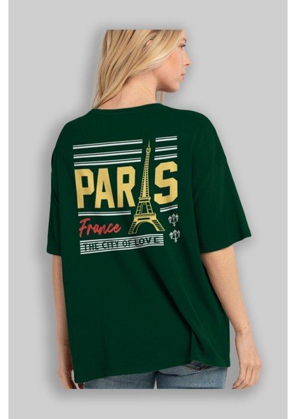 Paris Arka Baskılı Zümrüt Yeşili Oversize T-Shirt Erkek Kadın Bisiklet Yaka fırsatları