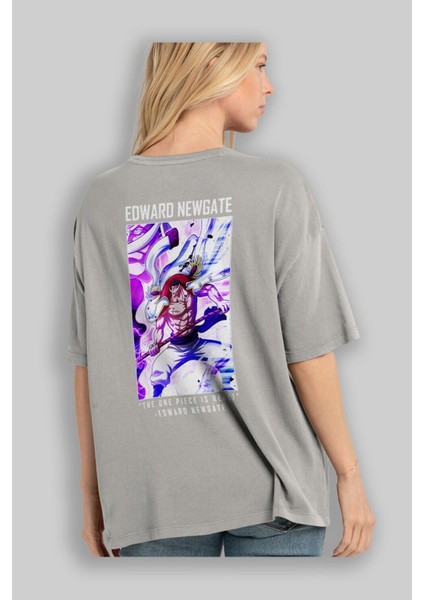 Edward Newgate Arka Baskılı Gri Oversize T-Shirt Unisex Erkek Kadın Bisiklet Yaka modelleri