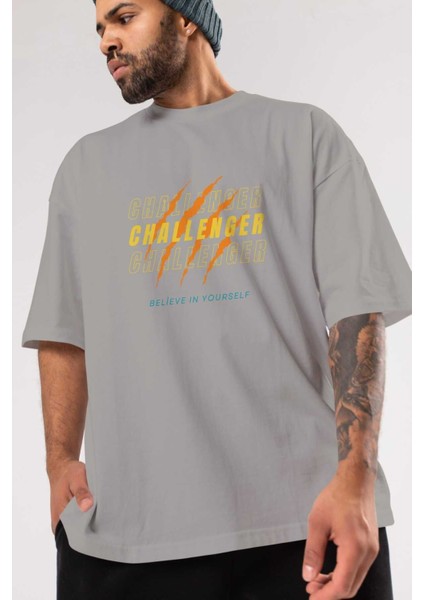 Challenger Yazılı Ön Baskılı Gri Oversize T-Shirt Unisex Erkek Kadın Bisiklet Yaka modelleri