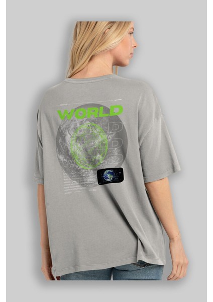 World Streetwear Arka Baskılı Gri Oversize T-Shirt Unisex Erkek Kadın Bisiklet Yaka modelleri