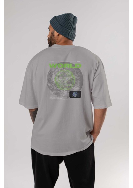 World Streetwear Arka Baskılı Gri Oversize T-Shirt Unisex Erkek Kadın Bisiklet Yaka fırsatları