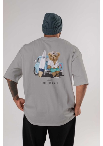 Teddy Bear Surf Club Arka Baskılı Gri Oversize T-Shirt Unisex Erkek Kadın Bisiklet Yaka