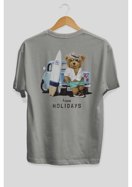 Teddy Bear Surf Club Arka Baskılı Gri Oversize T-Shirt Unisex Erkek Kadın Bisiklet Yaka fiyatları