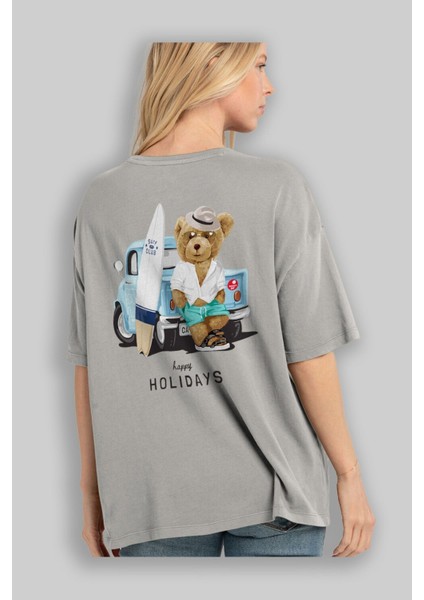 Teddy Bear Surf Club Arka Baskılı Gri Oversize T-Shirt Unisex Erkek Kadın Bisiklet Yaka modelleri