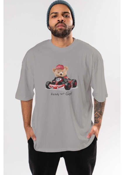 Teddy Bear Ready Set Go Ön Baskılı Gri Oversize T-Shirt Unisex Erkek Kadın Bisiklet Yaka