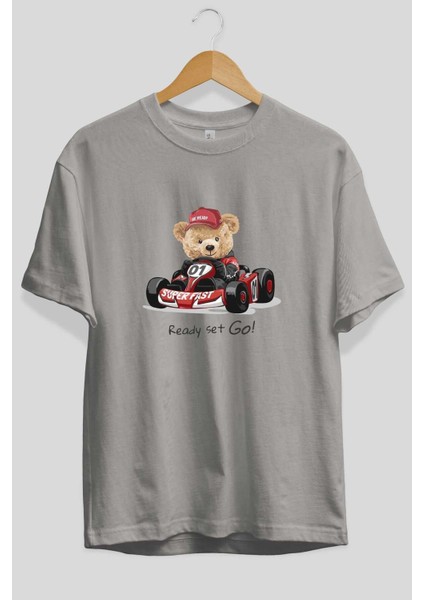Teddy Bear Ready Set Go Ön Baskılı Gri Oversize T-Shirt Unisex Erkek Kadın Bisiklet Yaka fiyatları