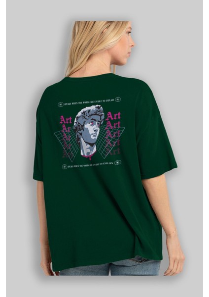 Art Arka Baskılı Zümrüt Yeşili Oversize T-Shirt Unisex Erkek Kadın Bisiklet Yaka fırsatları