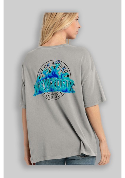 Newyork Style Arka Baskılı Gri Oversize T-Shirt Unisex Erkek Kadın Bisiklet Yaka modelleri