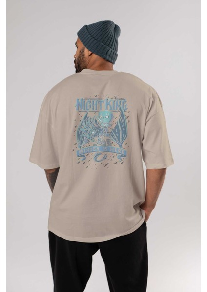Game Of Thrones Gece Kralı Arka Baskılı Bej Oversize T-Shirt Bisiklet Yaka Pamuk Erkek Kadın