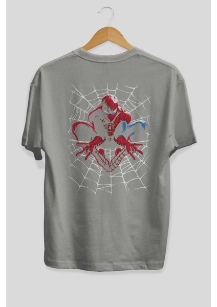 Spiderman (27) Arka Baskılı Gri Oversize T-Shirt Bisiklet Yaka Pamuk Erkek Kadın fiyatları