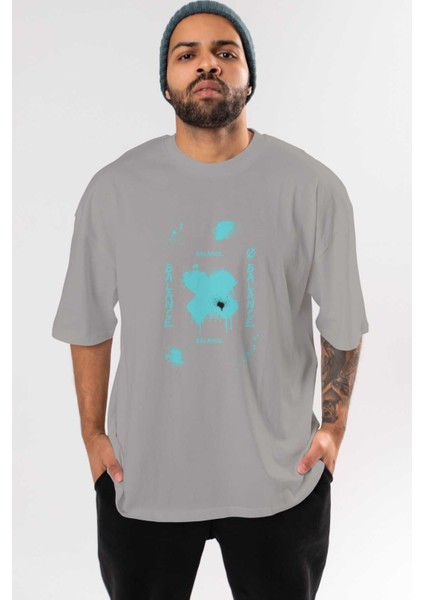 Balance Balance Yazılı Ön Baskılı Gri Oversize T-Shirt Unisex Erkek Kadın Bisiklet Yaka