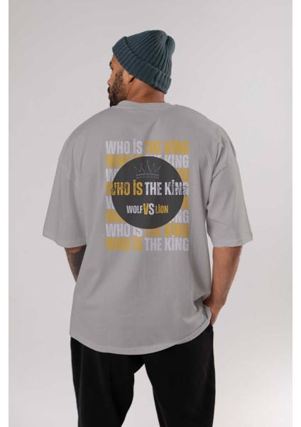 Who Is The King Yazılı Arka Baskılı Gri Oversize T-Shirt Unisex Erkek Kadın Bisiklet Yaka fırsatları