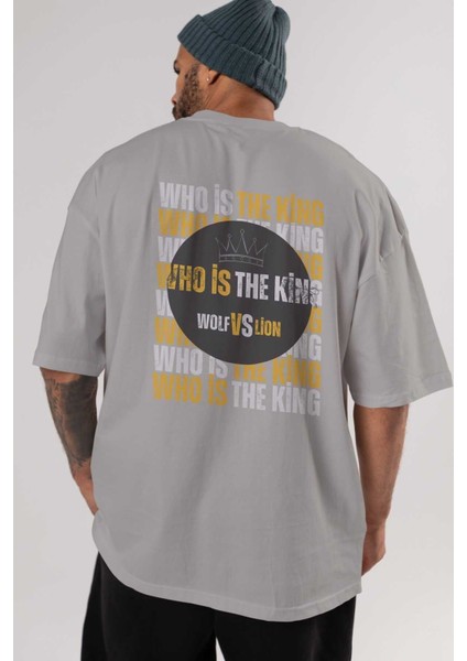 Who Is The King Yazılı Arka Baskılı Gri Oversize T-Shirt Unisex Erkek Kadın Bisiklet Yaka indirimleri