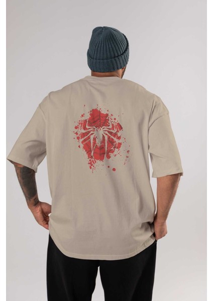 Spiderman (10) Arka Baskılı Bej Oversize T-Shirt Bisiklet Yaka Pamuk Erkek Kadın
