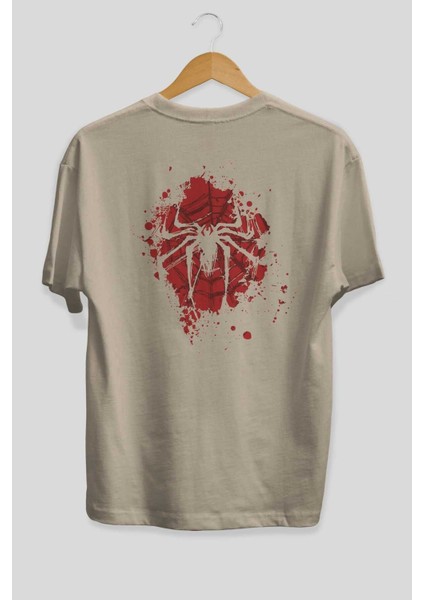 Spiderman (10) Arka Baskılı Bej Oversize T-Shirt Bisiklet Yaka Pamuk Erkek Kadın fiyatları