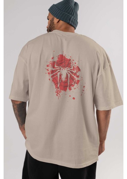 Spiderman (10) Arka Baskılı Bej Oversize T-Shirt Bisiklet Yaka Pamuk Erkek Kadın indirimleri