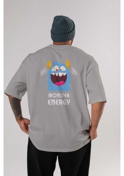 Monster Energy Arka Baskılı Gri Oversize T-Shirt Unisex Erkek Kadın Bisiklet Yaka