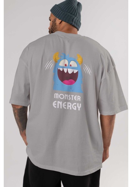 Monster Energy Arka Baskılı Gri Oversize T-Shirt Unisex Erkek Kadın Bisiklet Yaka