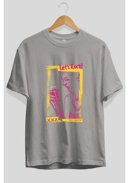 Let's Rock Yazılı Ön Baskılı Gri Oversize T-Shirt Unisex Erkek Kadın Bisiklet Yaka fiyatları