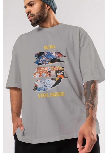 Retro Design Ön Baskılı Gri Oversize T-Shirt Unisex Erkek Kadın Bisiklet Yaka modelleri