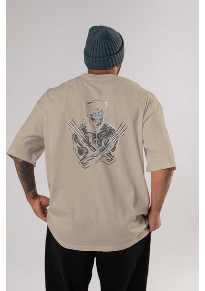 Wolverine Arka Baskılı Bej Oversize T-Shirt Bisiklet Yaka Pamuk Erkek Kadın