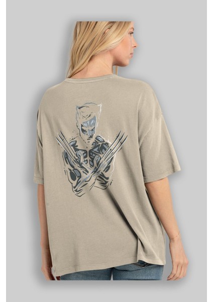 Wolverine Arka Baskılı Bej Oversize T-Shirt Bisiklet Yaka Pamuk Erkek Kadın modelleri