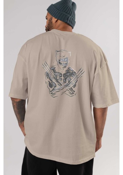 Wolverine Arka Baskılı Bej Oversize T-Shirt Bisiklet Yaka Pamuk Erkek Kadın indirimleri