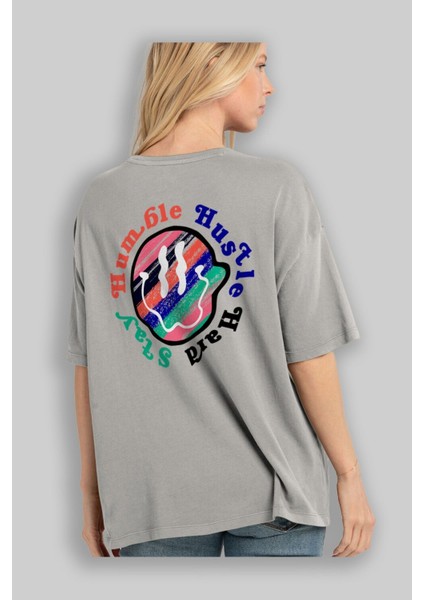 Stay Humble 2 Arka Baskılı Gri Oversize T-Shirt Unisex Erkek Kadın Bisiklet Yaka modelleri