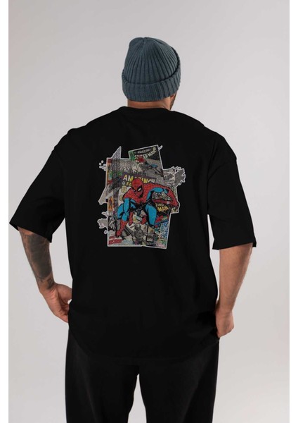 Spiderman Arka Baskılı Siyah Oversize T-Shirt Bisiklet Yaka Pamuk Erkek Kadın