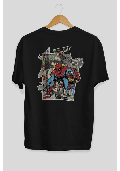 Spiderman Arka Baskılı Siyah Oversize T-Shirt Bisiklet Yaka Pamuk Erkek Kadın fiyatları