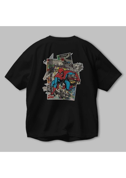 Spiderman Arka Baskılı Siyah Oversize T-Shirt Bisiklet Yaka Pamuk Erkek Kadın modelleri