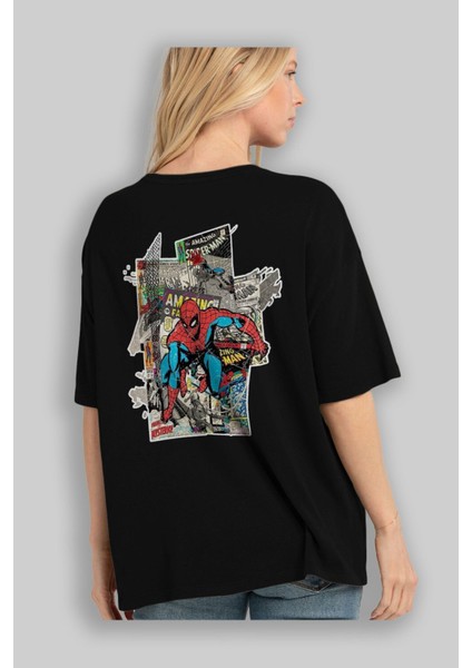 Spiderman Arka Baskılı Siyah Oversize T-Shirt Bisiklet Yaka Pamuk Erkek Kadın fırsatları