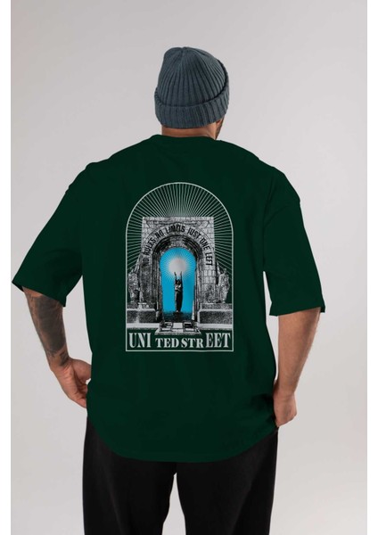 No Rules No Limits Arka Baskılı Zümrüt Yeşili Oversize T-Shirt Unisex Erkek Kadın Bisiklet Yaka