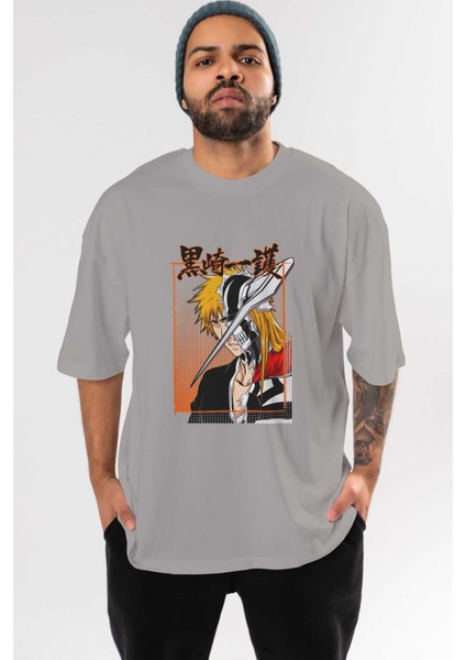 Thelust Anime Ön Baskılı Gri Oversize T-Shirt %100 Pamuk Erkek Kadın