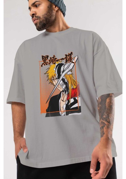 Thelust Anime Ön Baskılı Gri Oversize T-Shirt %100 Pamuk Erkek Kadın modelleri