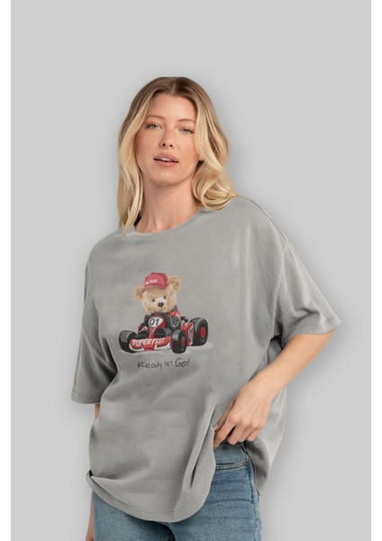 Teddy Bear Ready Set Go Ön Baskılı Gri Oversize T-Shirt Unisex Erkek Kadın Bisiklet Yaka fırsatları