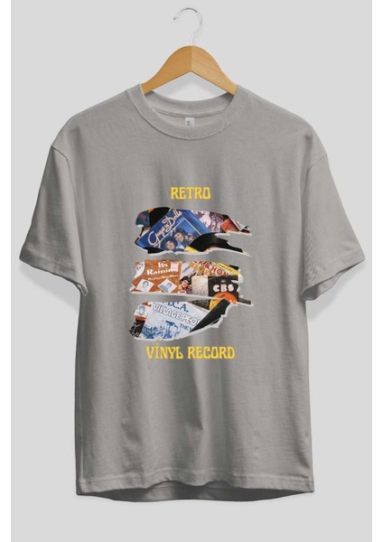 Retro Design Ön Baskılı Gri Oversize T-Shirt Unisex Erkek Kadın Bisiklet Yaka