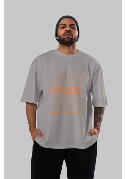 Dreams Yazılı Ön Baskılı Gri Oversize T-Shirt Unisex Erkek Kadın Bisiklet Yaka