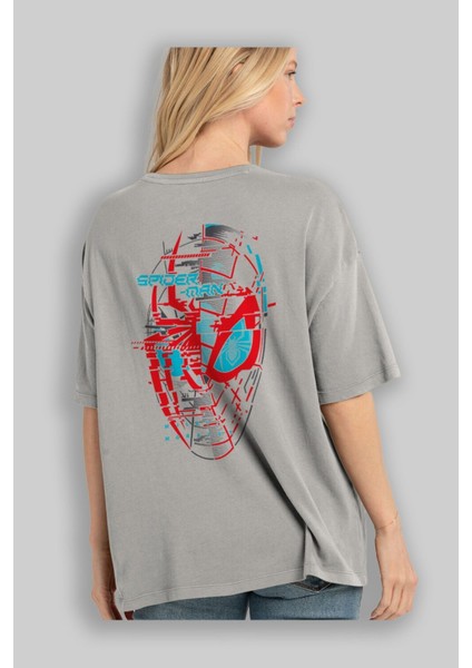 Spiderman (21) Arka Baskılı Gri Oversize T-Shirt Bisiklet Yaka Pamuk Erkek Kadın modelleri