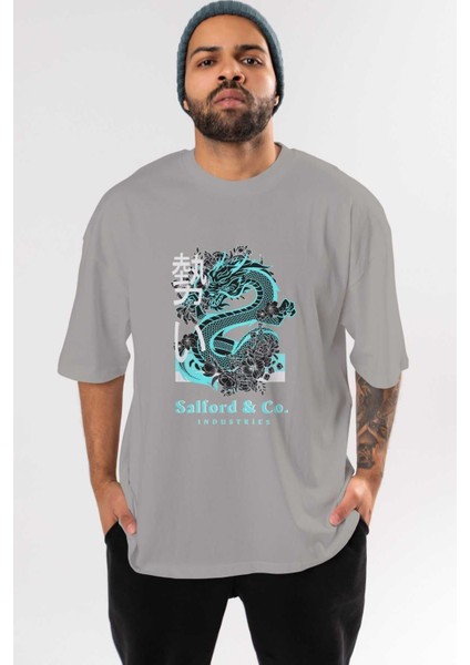 Dragon Ön Baskılı Gri Oversize T-Shirt Unisex Erkek Kadın Bisiklet Yaka