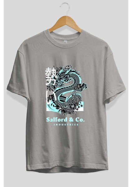 Dragon Ön Baskılı Gri Oversize T-Shirt Unisex Erkek Kadın Bisiklet Yaka fiyatları