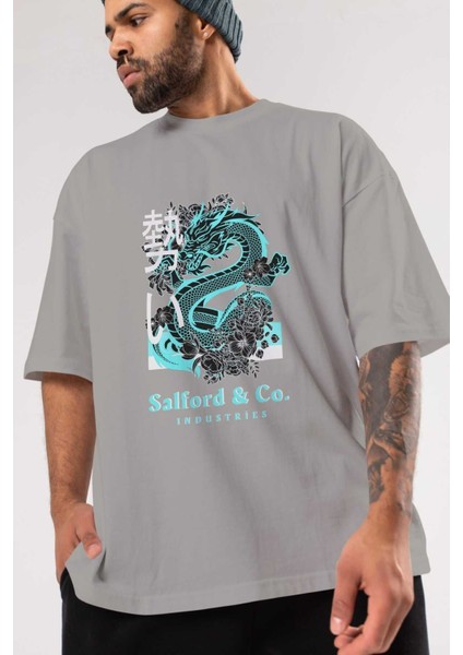 Dragon Ön Baskılı Gri Oversize T-Shirt Unisex Erkek Kadın Bisiklet Yaka modelleri